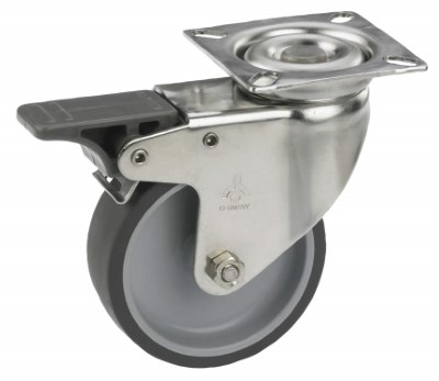 Swivel castor rubber 75mm stainless steel with front brake (G-P6/TRU-PL) :: 25-8106