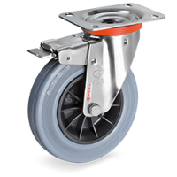 Swivel castor rubber 80mm stainless steel with front brake (G-PP/GRU-NLX/PL) :: 22-5401