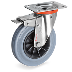 Zwenkwiel rubber 80mm RVS met voorrem (G-PP/GRU-NLX/PL) :: 22-5401