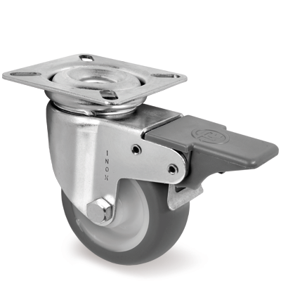 Zwenkwiel rubber 75x24mm RVS met voorrem (G-PP/TGRU-PL) :: 38-8303NX